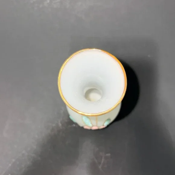 Vtg Satin Frosted Glass 8" Bud Vase Sugar Bead Floral Hand Painted Gold Trim - Picture 3 of 16